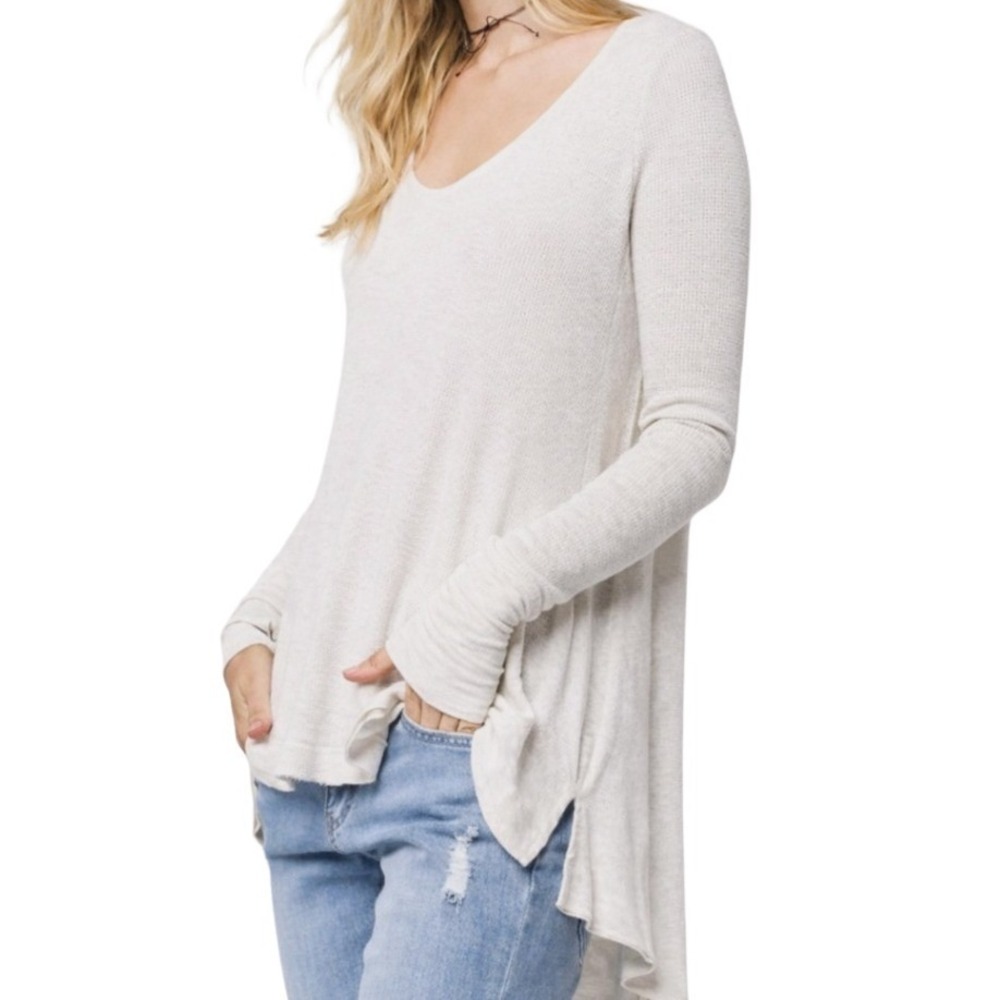 We The‎ Free Free People Oatmeal Thermal Waffle Knit Scoop Neck Tunic Top Medium